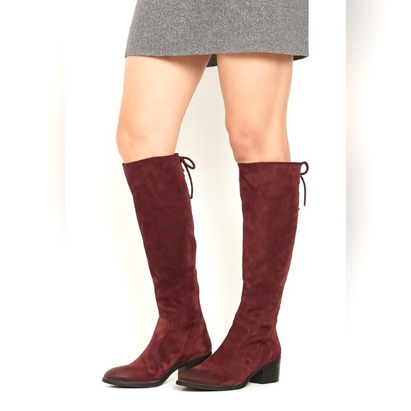 Born Felicia Burgundy Suede Lace Up Back Chunky Heel Tall Riding Boots Size 8 - Picture 1 of 12